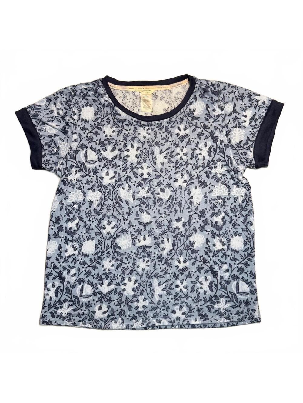 Lucky Brand Women's Medium Blue Floral Print Short Sleeve Knit Top